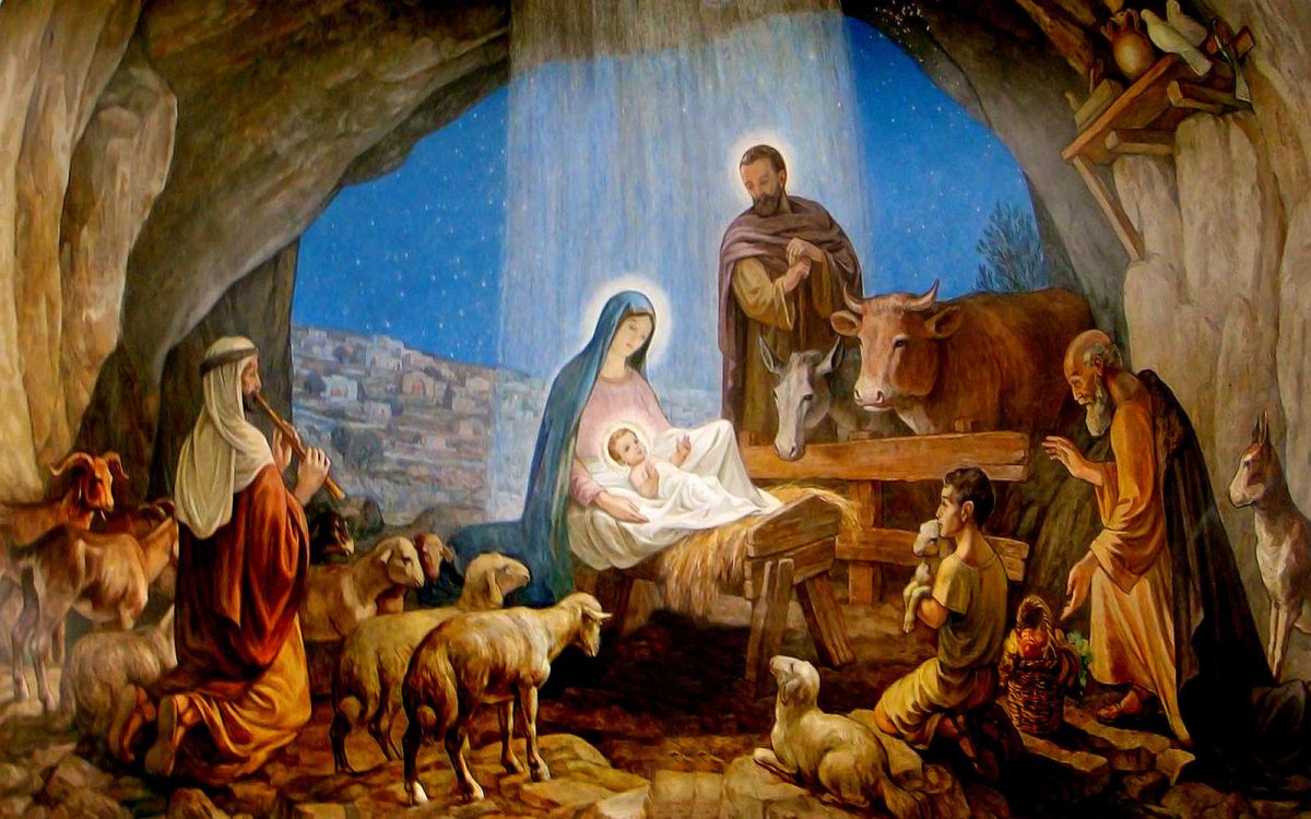 Nativity scene with the newborn Jesus, Joseph, Mary and shepherds in the stable